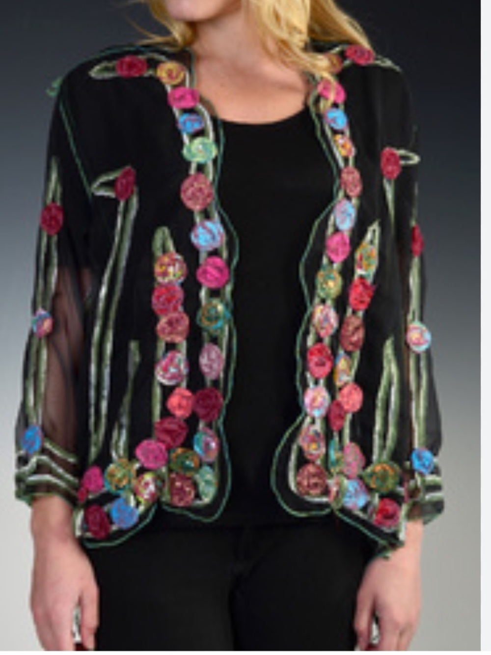 Handmade Chenille Black Sheer Floral Rosette Jacket Cardigan One Sz Boho Artwear